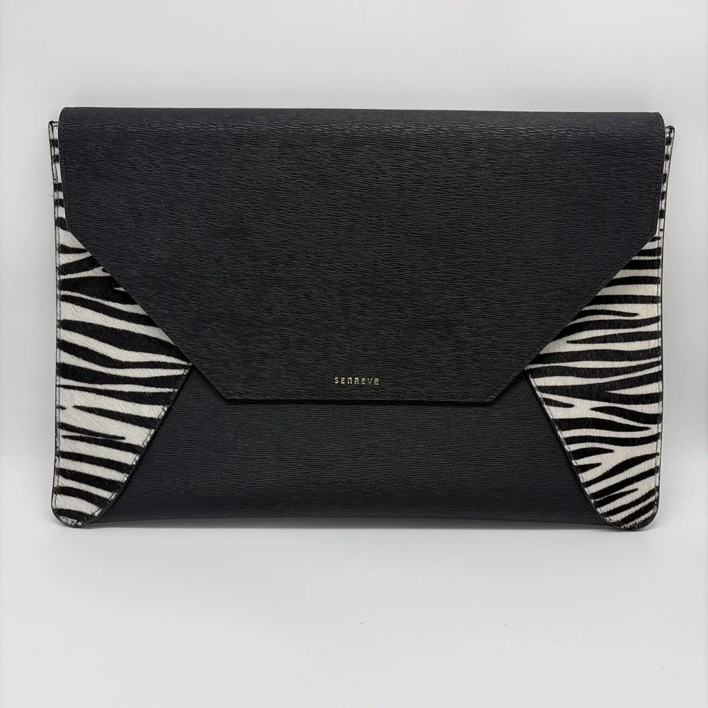 Senreve Clutch Leather Black Zebra Calf Hair Fits And iPad Or Small Laptop